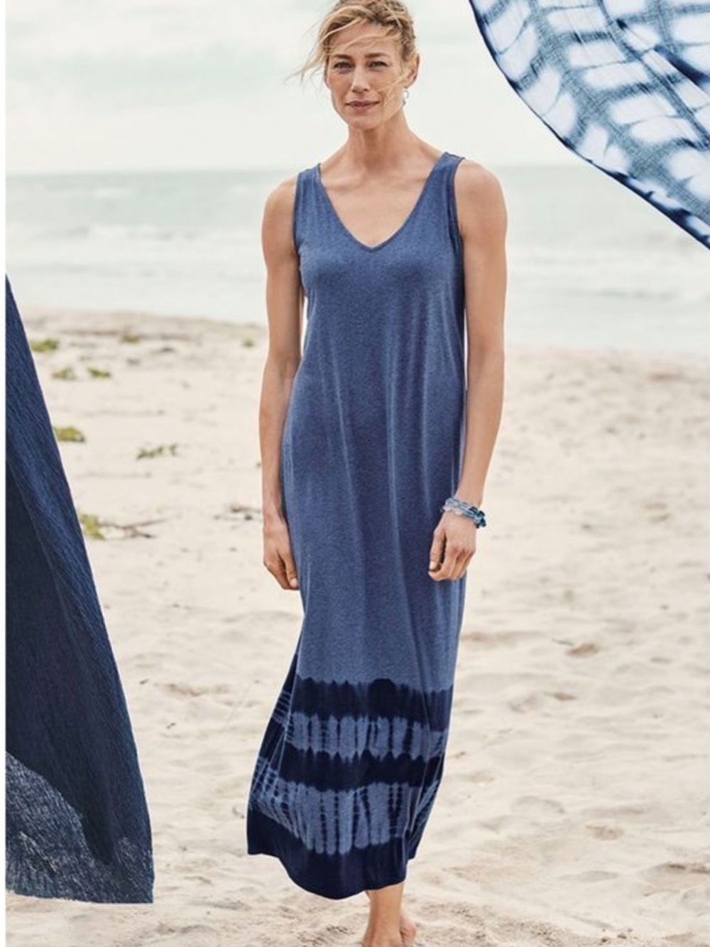 Pure Jill Women’s Blue Tie-Dye Hem Maxi Swim Cover-Up Dress Medium EUC Cotton